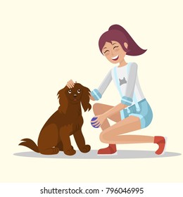 Girl playing with Dog. Playing ball. Flat style. Vector illustration