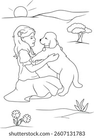 Girl playing with a dog. Drawing for coloring. Vector