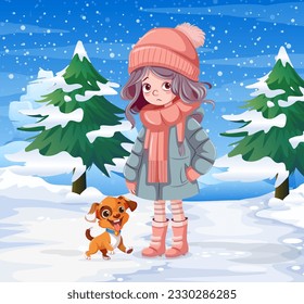 Girl playing with dog outdoor illustration