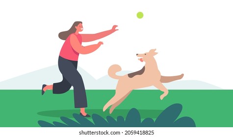 Girl Playing With Dog Outdoors. Little Child Character Play With Pet Throwing Ball. Kid Spend Time With Fluffy Friend. Relaxing, Leisure, Communicating With Home Animal. Cartoon Vector Illustration