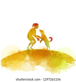 Girl playing with dog  silhouette on watercolor background. The concept of trust, friendship and pet care. Digital art painting