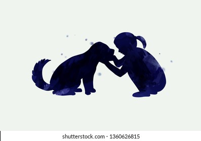 Girl playing with dog  silhouette on watercolor background. The concept of trust, friendship and pet care. Digital art painting