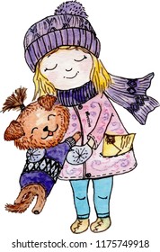 Girl playing with dog terrier in winter
