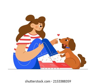 Girl playing with dog vector flat illustration