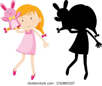 Girl playing with doll hand in colour and silhouette illustration