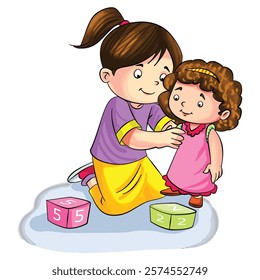 Girl playing with doll vector illustration