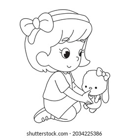 Niña jugando a la ilustración vectorial de dibujos animados del dool aislada en fondo blanco.Páginas de libros en blanco y negro.contorno.colorear