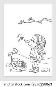 A Girl Playing with Dragon Fly coloring line art illustration