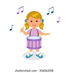 Girl playing drum. Isolated on white background cheerful baby playing drum.