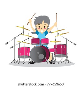 Girl playing Drum set  Happy Love music character design in cartoon style Vector illustration isolated on background