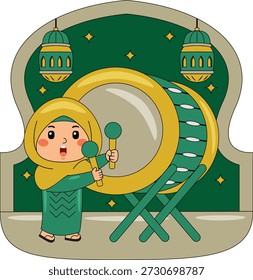 Girl Playing Drum Vector Illustration