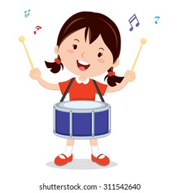 Girl playing drum. Vector illustration of a cheerful girl playing drum.