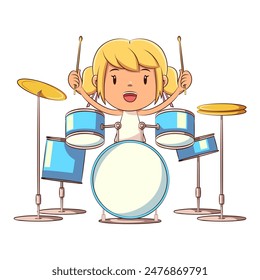 Girl playing drums, child percussion set, vector illustration