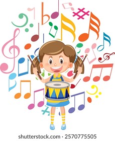 A girl playing drums surrounded by colorful music notes