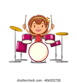 Girl playing drums, vector illustration