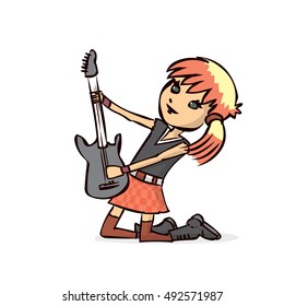 Girl playing an electric guitar. Hand drawn cartoon vector illustration.