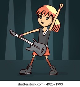 Girl playing an electric guitar. Hand drawn cartoon vector illustration.