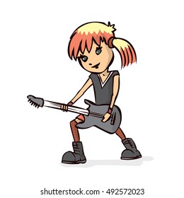 Girl playing an electric guitar. Hand drawn cartoon vector illustration.