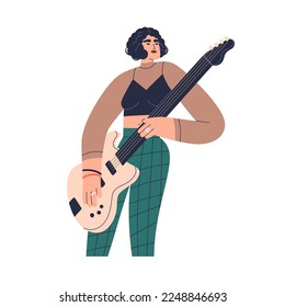 Girl playing electric guitar. Rock musician, woman guitarist performing music on string instrument. Modern artist performer, female rocker. Flat vector illustration isolated on white background