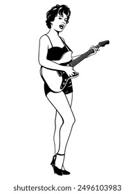 Girl playing electric guitar and singing. Black and white vector clipart isolated on white.