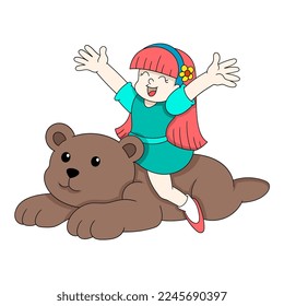 a girl is playing in a fantasy world riding a teddy bear. vector design illustration art