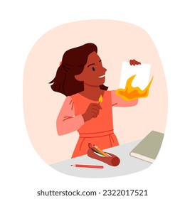 Girl playing with fire, danger of burns for child vector illustration. Cartoon baby kid with curiosity holding burning paper and hazard match to play, bad behavior and risk of burning for toddler