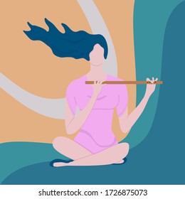 Girl playing flute. Design for music, invitation, card. Beautiful woman with blue hair fluttering in wind in pink dress sits in lotus pose. Vector flat illustration. Hobby playing a wind instrument. 