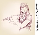 Girl playing the flute hand drawn vector llustration realistic sketch