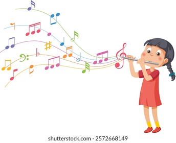 Girl playing flute with vibrant musical notes