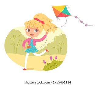 Girl playing with flying kite in park or playground. Happy kid doing outdoor summer activity vector illustration. Child running with toy in nature. Trees and flowers in background.