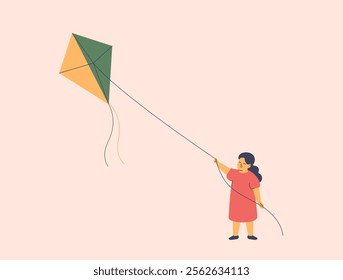 girl playing with flying kite as a symbol of freedom, hope, childhood. balance between dreams and reality. Control of feeling and thoughts. Vector illustration