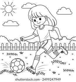 The girl is playing football cartoon outline on the stadium. Soccer Coloring Page