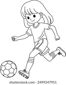 The girl is playing football cartoon outline. Soccer Coloring Page