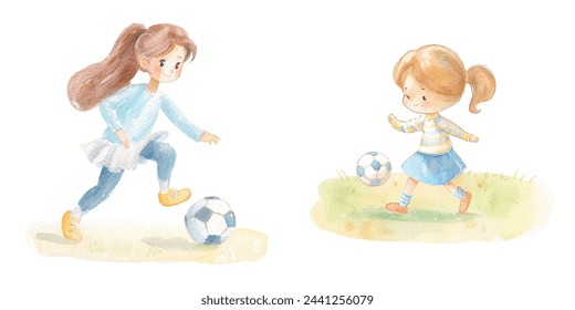 girl playing football watercolour vector illustration 