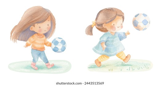 niña jugando fútbol acuarela ilustración vectorial 