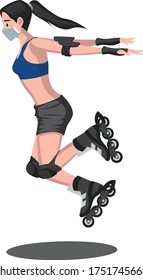 A girl playing freestyle roller skate while using medical mask