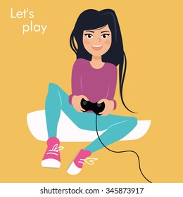 Girl playing. Gamepad. Vector isolated illustration. Cartoon character.