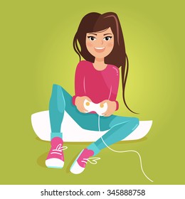 Girl playing. Gamepad. Vector isolated illustration. Cartoon character.