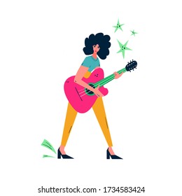 Girl playing guitar cartoon vector illustration. Guitarist 
drawing. Musician banner design. Performance on stage hand drawn concept.
