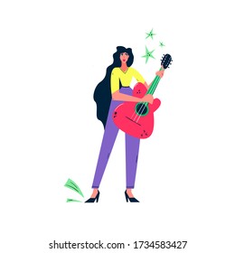 Girl playing guitar cartoon vector illustration. Guitarist 
drawing. Musician banner design. Performance on stage hand drawn concept.