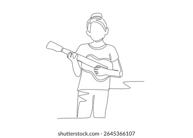 Girl playing guitar. Children hobbies concept one-line drawing