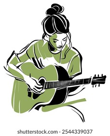 Girl Playing Guitar - Green Line Art Illustration