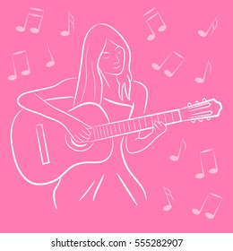 Girl playing the guitar. Linear vector drawing. Pink background.