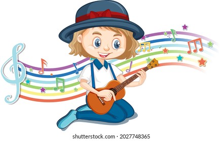 Girl playing guitar with melody symbols on rainbow wave illustration