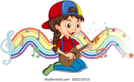 Girl playing guitar with melody symbols on rainbow wave illustration