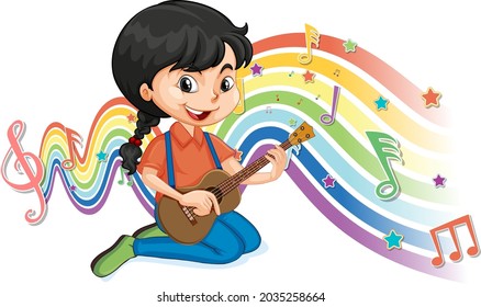 Girl playing guitar with melody symbols on rainbow wave illustration