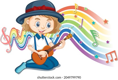 Girl playing guitar with melody symbols on rainbow wave illustration