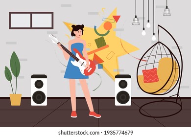 Girl playing guitar music vector illustration. Cartoon young talent teen artist guitarist character with musical instrument standing in trendy studio interior with plants and armchair background