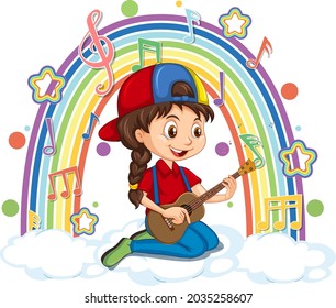 Girl playing guitar on the cloud with rainbow illustration