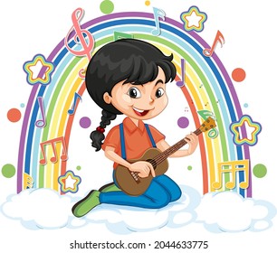 Girl playing guitar on the cloud with rainbow illustration